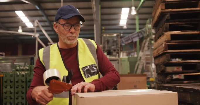 Worker packing box in warehouse