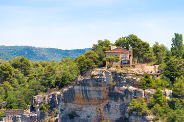 View of the building on top of the mountain in Siurana de Prades, Tarragona, Catalunya, Spain. Copy space for text.