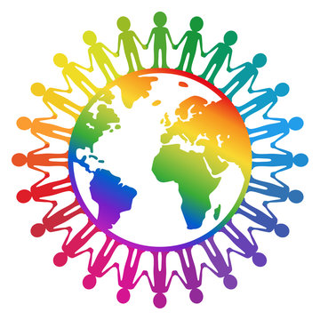 Kreisförmige Menschenkette um die Welt / Regenbogenfarben, Vektor, freigestellt