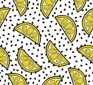 Lemon slices summer seamless pattern on the seeds background