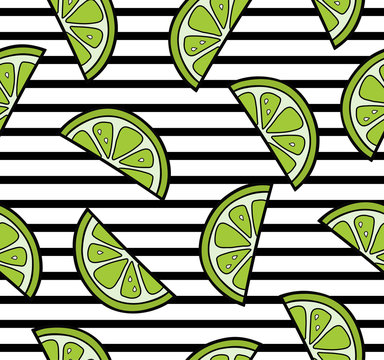 Lime slices summer seamless pattern on the striped background