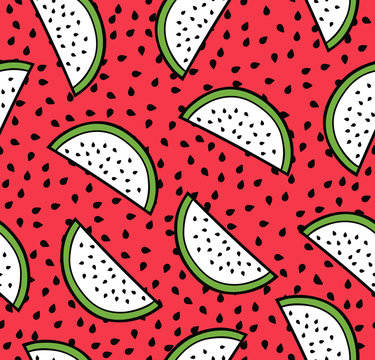 Watermelon summer seamless pattern, flat simple slices of watermelon