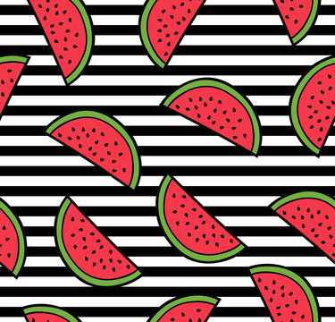Watermelon summer seamless pattern, flat simple slices of watermelon on striped background