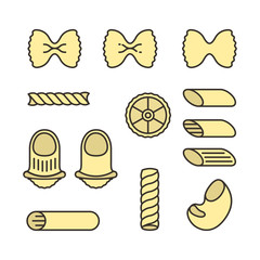 Italian Pasta Types Macaroni Food Minimalistic Colorful Flat Line Contour Stroke Vector Icon Set