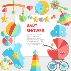 Vector flat infancy bacground. Baby products. Decoration frame, 