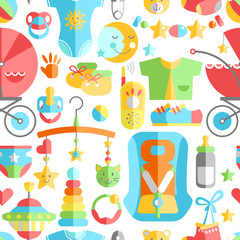 Newborn infant cute flat seamless pattern. Baby care, feeding, c