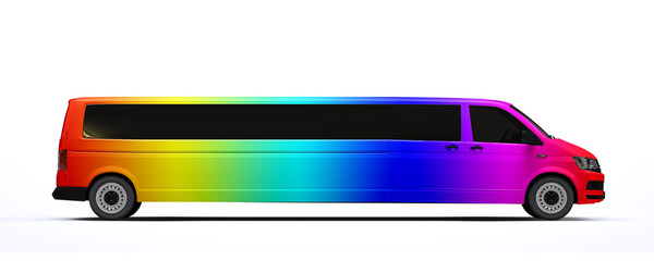 Extra long streched rainbow colored camper van 