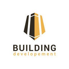 Vector logo template for building company. Illustration of a skyscraper half yellow, half black. Architecture badge. Building lolotype. EPS10.