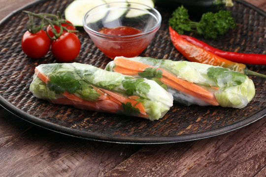 Vietnamese Salad spring roll, summer roll with vegetables, lettuce and rice noodles