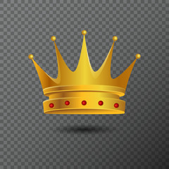 Golden crown icon with red stones. Vector illustration with volume diadem created by gradient. Shiny realistic jewel used for a logo, label, certificate or diploma creations.