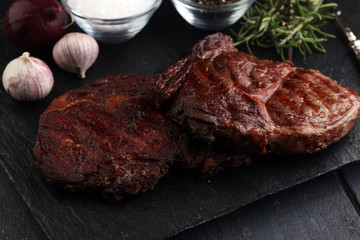 Barbecue Rib Eye Steak on Slate Slab - Dry Aged Wagyu Entrecote Steak