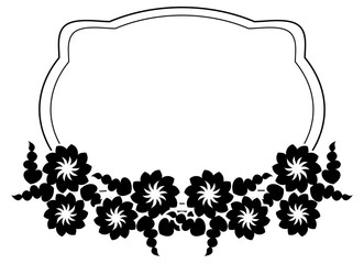 Black and white silhouette frame with decorative flowers. Vector clip art.