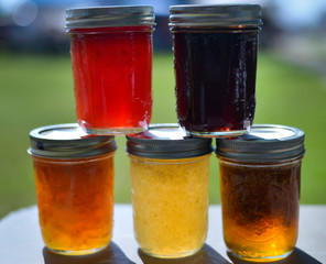 A colorful variety of homemade jam, jelly and pickles. canned goods by grandma. Back lit sitting on outdoor table with soft green background. 