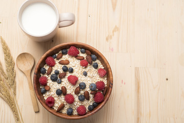 Healthy breakfast ingredients on wood table, Healthy food concept