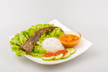 Isolated catfish fried ala Indonesia with condiments, Indonesian food