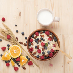 Healthy breakfast ingredients on wood table, Healthy food concept