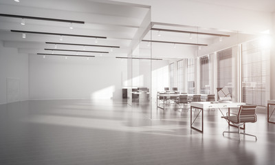 Office interior design in whire color and rays of light from win