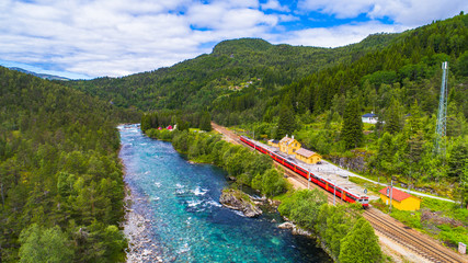 Train Oslo - Bergen in mountains. Norway.