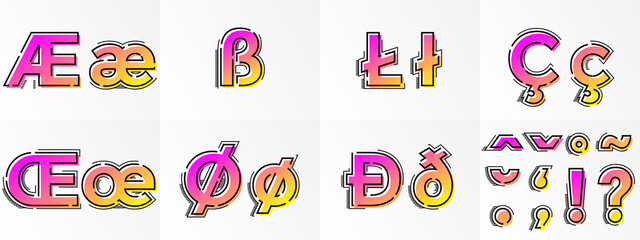 Font letters special symbols, punctuation signs vector gradient color line