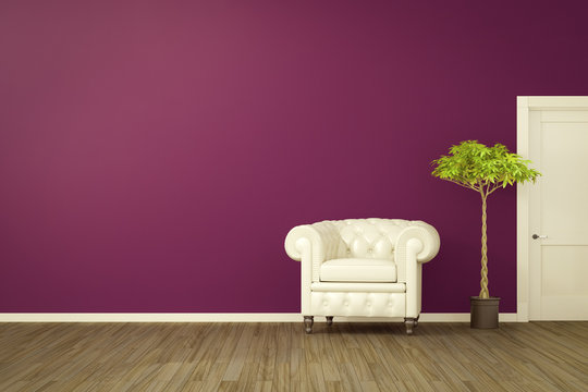 purple room with a white armchair