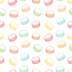 French macarons cookies seamless pattern. Doodle decorative hand drawn vector illustration