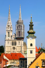 Obraz premium Zagreb Cathedral and St. Mary Church. View from Strossmayer Promenade on Upper Town. 