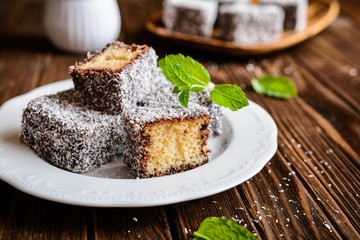 Lamington cakes with chocolate and coconut coating