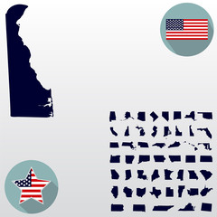 Map of the U.S. state of Delaware on a white background. American flag, star.