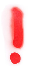 Red spray stain exclamation mark isolated on white background, photo with clipping path