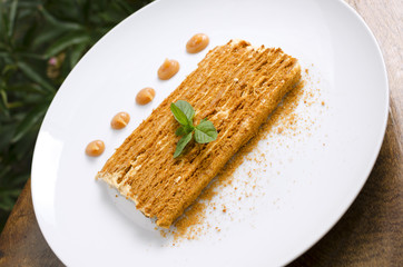 Honey puff cake on a white plate with mint and caramel sauce