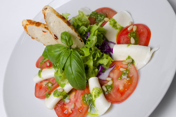 Salad with tomatoes basil and mozzarella with croutons on a white plate