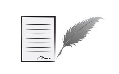Feather pen and note paper. Sign contract on paper in doodle style. Concept for business or education.