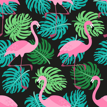 Cute exotic tropical seamless background with cartoon characters of pink flamingos © C Design Studio