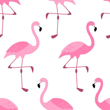 Cute exotic tropical seamless background with cartoon characters of pink flamingos