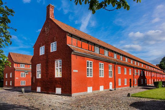 Red Storehouses at Kastellet. Copenhagen Citadel (Kastellet) dates from 1624, was founded by King Christian IV. Denmark. Kastellet is one of best preserved star fortresses in Northern Europe.