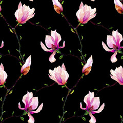 Seamless pattern with branches of pink magnolia isolated on a black background. Invitation. Wedding card. Birthday card. - 164996819