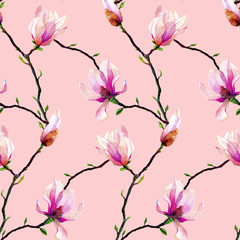 Seamless pattern with branches of pink magnolia isolated on a pink background. Invitation. Wedding card. Birthday card. - 164996847
