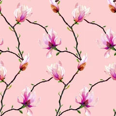 Foto op Canvas Seamless pattern with branches of pink magnolia isolated on a pink background. Invitation. Wedding card. Birthday card. © ketrinkin1