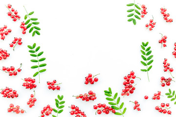 Berry frame. Red currant and leaves on white background top view copyspace