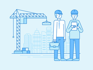 Vector illustration in line flat style and blue colors - construction and building