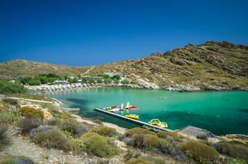 Monastiri beach in Paros island, Greece. Beautiful and famous beach of Monastery Agios Ioannis,...