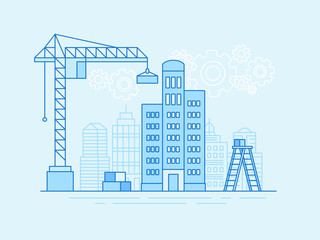 Vector illustration in line flat style and blue colors - construction and development