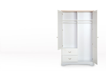 Entry open white wardrobe isolated on white background with space for copy.