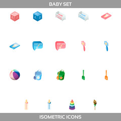 Simple Set of Newborn and Pregnancy Vector Isometric Icons. Contains such Icons as building blocks, rattle, stacking rings, baby bed, footprint, feeding bottle and more. 