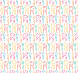 Stylized doodle, hand drawn outline of teeth. A seamless tooth pattern background. Decorative oral dental hygiene vector illustration
