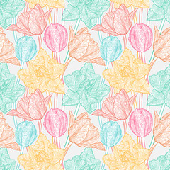 Hand drawn vector illustration Seamless pattern with decorative doodle tulips hand drawn in lines. Vector illustration