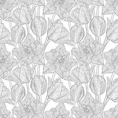 Hand drawn vector illustration Seamless pattern with decorative doodle tulips hand drawn in lines. Vector illustration