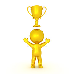 Golden 3D Character with gold trophy above him