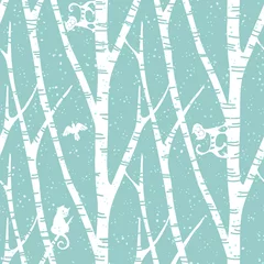 Fototapete Birken nahtloses trendiges Muster mit abstrakten Birken, Katzen und Vögeln. Vintage Blumentapete. Fanny-Vektor-Illustration