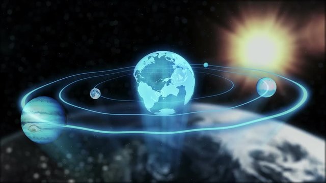 Holograms of the planet earth, moon, Jupiter moving along an ellipse in space